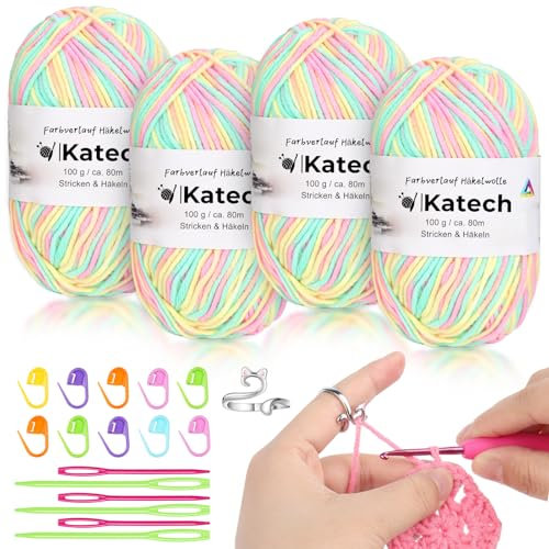 Katech 4x50g(200g) Mehrfarbige Häkelgarn, Baumwolle zum Häkeln, Häkelwolle Set mit Häkelring, Strickgarn Wolle zum Stricken von Mützen/Schal/Socken/Kinderkleidung, Farbverlauf Garn Rot Grün