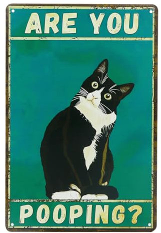 Cartel de Baño Divertido,Cartel de Chapa Gato Retro,Cartel Decorativo Motivo de Gato Negro y Palabras en Inglés ARE YOU POOPING Letrero de WC Divertido para Casa Bar Restaurante Cafetería 30x20 cm