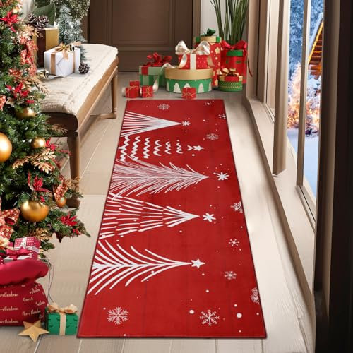 TUKDAK Weihnachtsteppich, Weihnachten Teppich Läufer fürs Flur, rutschfeste Waschbare Kitchen Runner Teppiche, Langer Kurzflor Küchenläufer für Flur Entryway Wäsche Daneben Schlafzimmer
