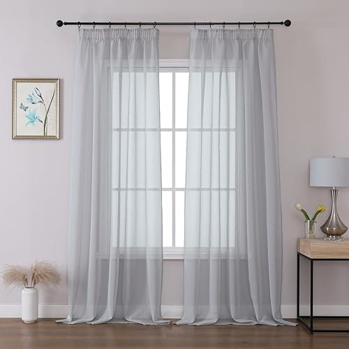 Joydeco 2er Set H245 x B140 cm Graublaue Transparent Vorhang Schiene Gardinen mit Kräuselband Durchlässig Curtains Lang Vorhänge für Schienensystem Modern