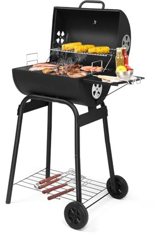 Outdoor-Fass-Holzkohlegrill mit Beistelltisch, BBQ-Holzkohlegrill für draußen, Hinterhof, Terrasse und Partys, schwarz