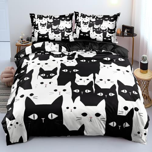 Luowei Halloween Bettwäsche 135x200 Katze Schwarz Weiß Bettwäsche Halloween Weich Kuschelig Microfaser Bettwäsche 2teilig für Kinder Jungen Mädchen Geschenk mit Reißverschluss und 80x80 cm Kissenbezug
