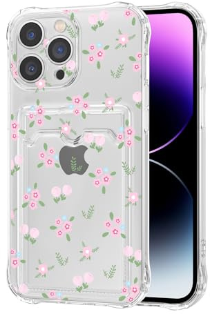 DEFBSC Case for iPhone 12 Pro Max, Transparent Back Card Holder Case, Floral Flower Pattern Print Design for Women Girl Soft Clear TPU Shockproof Protective Phone Case - Small Flower