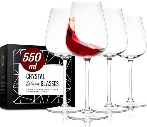 Gusto Nostro Set di 4 bicchieri da vino in vetro di cristallo, per vino rosso e bianco, lavabili in lavastoviglie, eleganti, grandi e alti, per matrimoni, Natale, anniversari