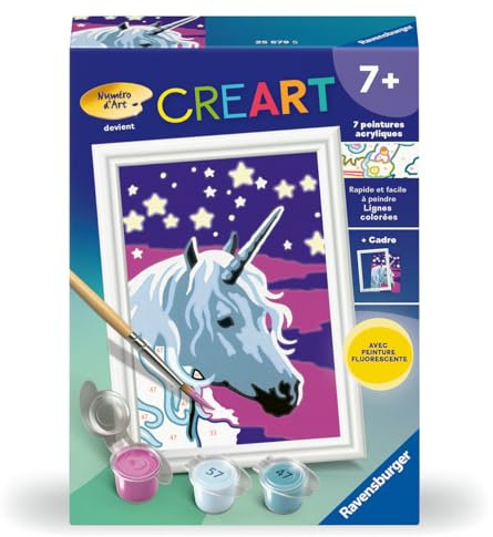 Ravensburger - CreArt Kids 8x12 cm - Numéro d'art - Licorne Scintillante - Kit de Peinture par numéros - avec Peinture phosphorescente - Dès 7 Ans - 25579