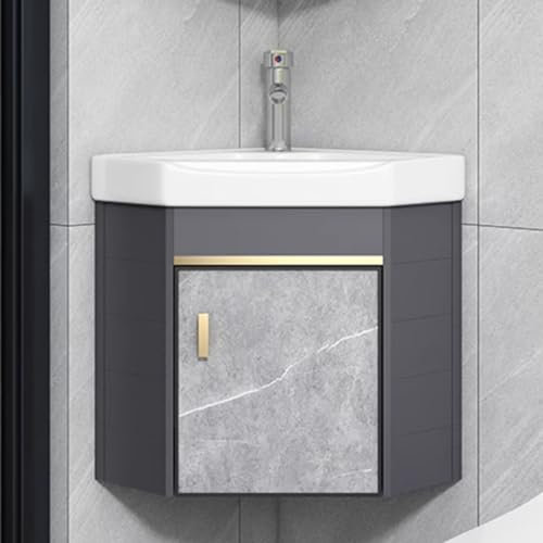 LYXWGRZD Lavandino da bagno, Lavandino angolare in ceramica, Mobile da bagno con lavabo, Lavandino angolare da parete, Mobile da bagno angolare con contenitore(Light Gray,38cm/15in)