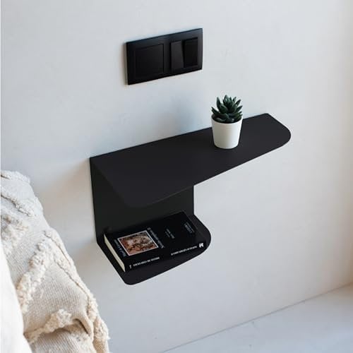 MILUKA Nachttisch Hängend, 40 x 20 cm, aus Metall Schwarz | Schwebender Nachttisch 2er-Set mit 2 Ebenen | Wandregal als Nachtschrank oder Nachtkommode für Schlafzimmer