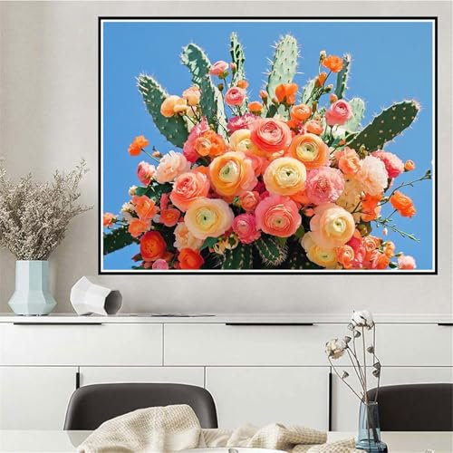 Malen Nach Zahlen ab 7 8 9 10 12 Jahre Mädchen Blume Malen Nach Zahlen Erwachsene Kaktus, DIY Paint by Numbers Knitterfreie Leinwand Bastelset mit Pinseln und Acrylfarben, Zimmer Deko 50x70cm Q-357