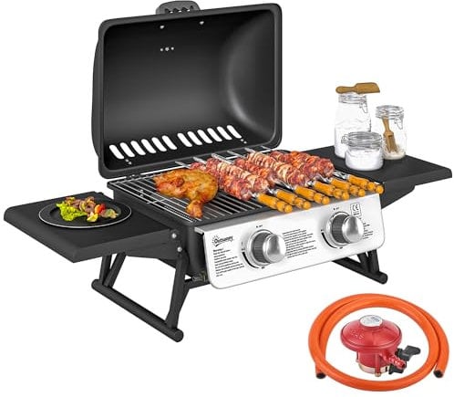 Outsunny 2 Burner Gas BBQ Grill with Foldable Side Tables, Portable Tabletop Gas Barbecue Grill with Built-in Thermometer, Lid, Grease Tray for Garden Party Camping Picnic Outdoor Cooking 5.6KW, Black