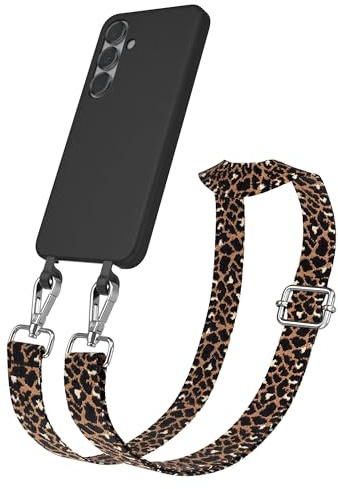 EAZY CASE - Hülle mit Band kompatibel mit Samsung Galaxy S25 Handyhülle für Galaxy S25 Silikonhülle mit Mikrofaser Handykette zum Umhängen 2in1 Hülle Handykordel Leo - Schwarz Braun Metall Silber