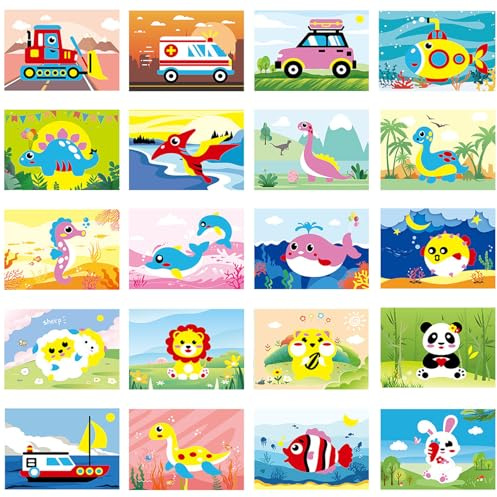 Barlone 20 Stück Moosgummi Mosaik Klebebilder Bastelset für Kinder mit Dinosaurier, Tiere, Ozean & Transport - Selbstklebendes Kreativset als Geschenk oder für Kindergeburtstag