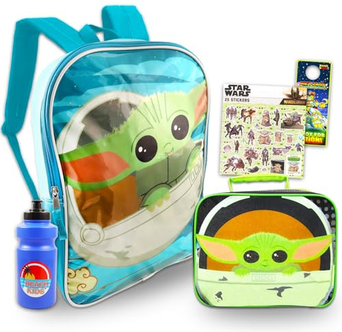 STAR WARS Baby Yoda Rucksack und Lunchbox Set – Paket mit 38,1 cm Grogu Schultasche, isolierter Lunchtasche, Wasserflasche, Aufklebern, mehr | Mandalorianischer Schulrucksack für Kinder