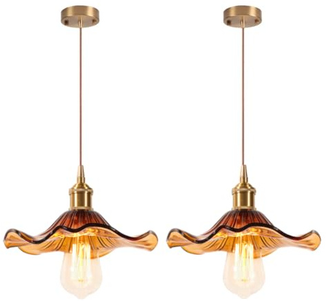 LIGINOK 2 piezas Lámparas Colgantes Vidrio Vintage Industrial Luz Colgante de Techo Flor Creativa Cristal Pantalla E27 Iluminación Colgante para Dormitorio Comedor Cocina (Ámbar)