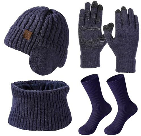 wokdsbl 4Pcs Mens Hat Scarf Gloves Set with Socks Black – Winter Thermal Beanie Hat, Neck Warmer, Touch Screen Gloves and Warm Knit Socks, Mens Gift Set for Cold Weather Outdoor Sports