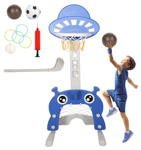 Peviasot Kinder Basketballkorb Set, 4 in 1 Basketballständer- Höhenverstellbarer Basketballkörbe, Fußballtor, Golfspiel, Ringwurf, Indoor & Outdoor Vielseitiges Sportspielzeug für Jungen und Mädchen