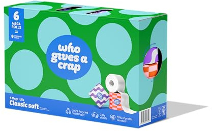 Who Gives A Crap 6 Mega Toilet Rolls – 100% Recycled Paper, 3 Ply, 270 Sheets per Roll (Equals 9 Standard Rolls) – Soft, Strong Toilet Tissue for Bathroom Use