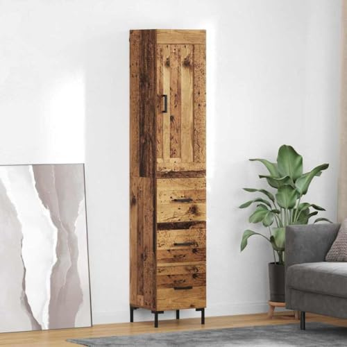 QJBSAVVA Highboard Altholz 34,5x34x180 cm Holz/Metall Küchenschrank Sideboard Schublade Tür Küche Esszimmer Flur Büro