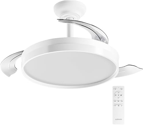 LEDUNI Ventilador de techo color Blanco 72W 7590lm,Aspas retráctiles | Motor DC 30W, Luz LED 42W Regulable en intensidad y color (tonalidad) Mando a distancia Controlador incorporado