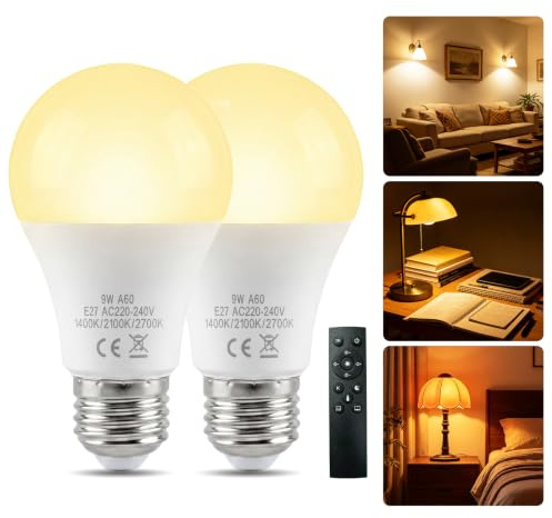 BrightWish A60 E27 LED Dimmbar Glühbirne mit Fernbedienung, 9W Warmweiß Licht 2700K, Bernsteinwarm 2100K,1400K, Edison Glühbirnen E27 LED Lampe, Blaulicht-Blockierung Nachtlicht, 2 Stück