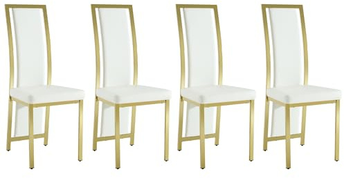 SEEDWAVE Esszimmerstühle 4er Set, Küchenstuhl mit gebogener hoher Rückenlehne, PU-Leder Sitzfläche, Metallrahmen, Metallstuhlbeine und verstellbaren Fußgleitern (4, Weiß/goldenen Beinen)