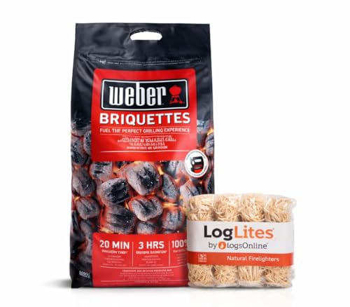 Logs Online BBQ Charcoal Bundle – Weber (6 Bags) 8KG Briquettes + 50 LogLites Firelighters – Barbecue Grill Accessories for Charcoal Grill Cooking & Fire Starters