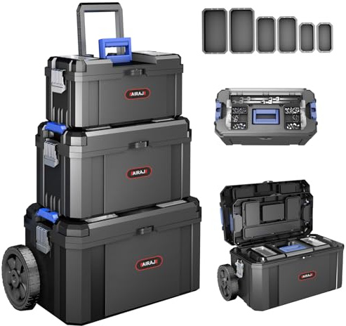 AIRAJ 3-in-1Werkzeugkoffer mit Rollen,Stapelbarer Werkzeugkoffer Leer gross | Modularer Werkzeugkiste,Oberteil mit Teilebox,mit 6 Abnehmbarer Kleinteilebox,für Zuhause,Reparieren und Garage,17+19+21