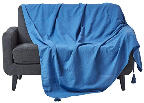 Homescapes extra große Tagesdecke Rajput, blau, Wohndecke aus 100% Baumwolle, 255 x 360 cm, Sofaüberwurf/Couchüberwurf in RIPP-Optik