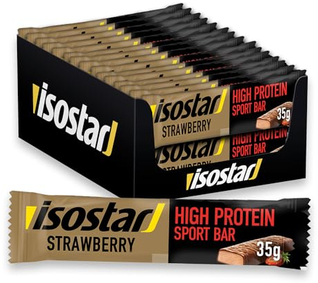 Isostar High Protein Strawberry 25 – 30 x 35 g Proteinriegel Box (1.050 g) – 25 Prozent Protein pro Energieriegel – Eiweißriegel zum Muskelaufbau – Erdbeere