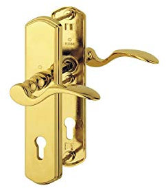 Sicherheits-Drückergarnitur MÜNCHEN - auf Schild PZ92, rechts, Türstärke 77-82, Messing PVD