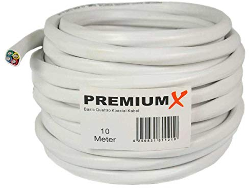 Premium X 10m Basic Quattro Quad Koaxial SAT Kabel 90dB 2-Fach geschirmt Antennenkabel 4in1 Koaxialkabel Weiß inkl. 8x F-Stecker