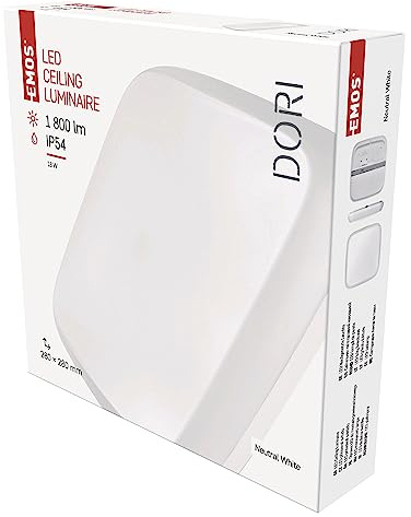 EMOS LED Wand- und Deckenleuchte DORI/Aufbaulicht weiß/Quadrat / 18W Ersatz für 115W / Helligkeit 1800 lm/Neutralweiß 4000 K / 25000 St Lebensdauer/CRI min. 80 / Abstrahlwinkel 115° / IP54