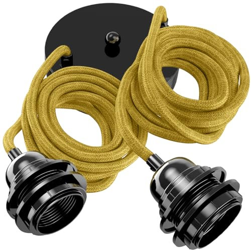 Hoopzi - Suspension Luminaire 2 Ampoules - 2,5m - Câble en Lin - Lustre pour Salon, Cuisine, Chambre - Modèle Hang 2 Lin Moutarde