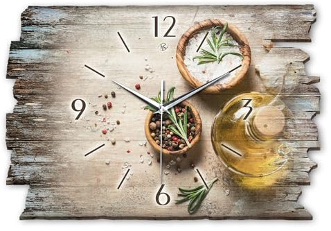 Kreative Feder Designer Wanduhr „Gewürze“ aus Holz 40x27cm im Shabby Style Design - Designeruhr mit flüsterleisem Uhrwerk ohne Ticken (Gewürze, leises Funkuhrwerk)