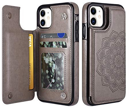 UEEBAI Case for iPhone 11 6.1, Luxury PU Leather Case [Two Magnetic Clasp] [Card Slots] Stand Function Embossed Mandala Pattern Half Flower Durable Soft TPU Back Wallet Cover - Grey#2