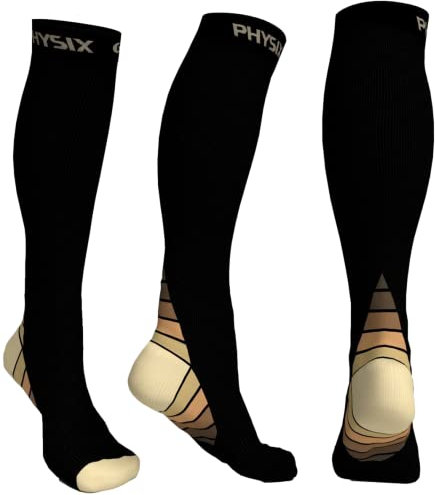 Physix Gear Sport Kompressionsstrümpfe Damen & Herren Stützstrümpfe (20-30mmHg) für Wassereinlagerungen, Flugreisen & Sport Kompressionssocken Langlebige Laufsocken Compression Socks BEIGE L/XL