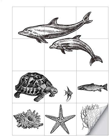Black and White Pencil Drawing PVC Waterproof Dolphin Wall Sticker Tile Decal Bathroom Kitchen Decoration Sticker Self-Adhesive 1 Set