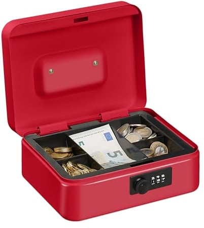 Relaxdays Caja Dinero, Combinación 3 Números, Bandeja para Monedas, Cajita Registradora Hierro, 8,5 x 20 x 17 cm, Rojo