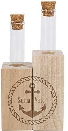 Herz & Heim® Holzvase mit Reagenzgläsern inklusive persönlicher Gravur Anker