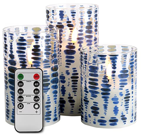 Eywamage Lot de 3 bougies piliers sans flamme en verre bleu avec télécommande, batterie LED