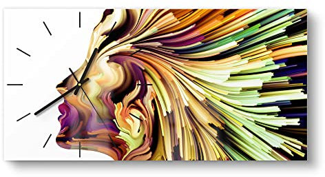 DEQORI Glasuhr | vertikal 60x30 cm | Motiv Originelles Frauenprofil | große XXL Design Uhr aus Glas | leise Wanduhr für Wohnzimmer & Küche | moderne Hingucker Uhr für die Wand