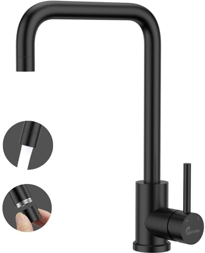 WAVEWO Küchenarmatur Schwarz, Wasserhahn Küche Hochdruck Schwenkbar 360°, L-Form Armatur Küche aus Edelstahl, Spültischarmatur Auslaufhöhe 265 mm, G3/8 Anschluss Einhebelmischer für Küche, Matt