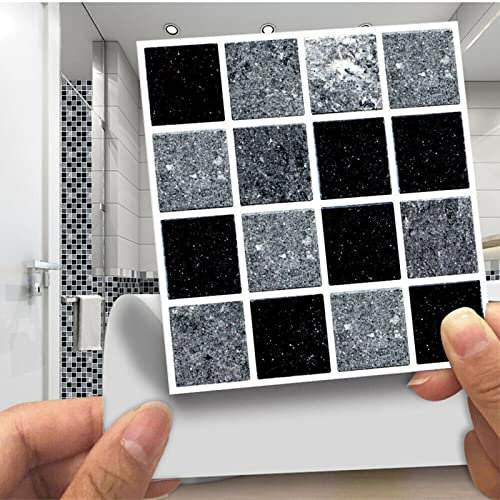 Ranrao 40pcs Wall Tile Stickers - Black, Grey Marble Effect, Self-Adhesive Square, Waterproof, Bathroom & Home Decor