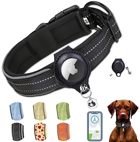 AgoumLux Hundehalsband für Integriertes Apple AirTag Halsband Air Tag GPS Verstellbar Neopren Nylon Reflektierend für Kleine Mittel Große Hunde, Schwarz, M