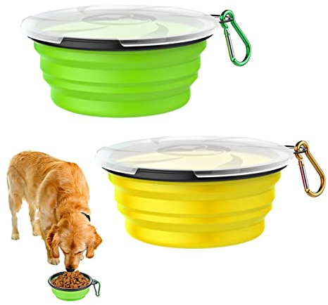 Hund Reisenäpfe,Silikon Faltbare Futternäpfe Reisenäpfe,350ml Tragbar Silikon Auslaufsicher Trinknapf Fressnapf,Wassernapf Hunde Unterwegs,Silikon Fütterung Hundenäpfe,Mit Deckel,Karabiner,2PCS,Kiuiom