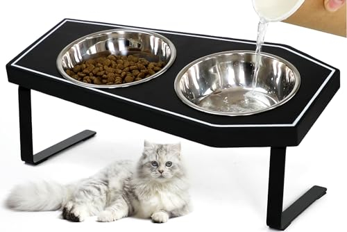 OPELETNNT Cat Food Bowls Elevated, Gothic Cat Bowls, Raised Cat Bowls for Indoor Cats with Non-Slip Stand & Bamboo Board, Stainless Steel and Whisker Friendly Food Bowls