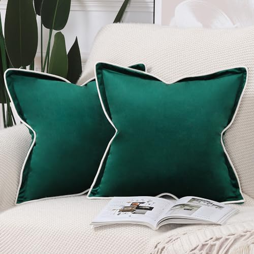 Madizz Set of 2 Velvet Fringed Throw Pillow Covers 18x18 inch, 45x45 cm, Green Soft Decorative Cushion Cover for Sofa Bedroom Pillow Shell