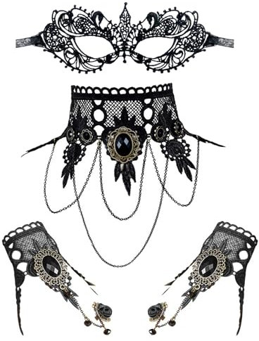 JewelryWe 4 PCS Maske Halskette Armbänder Set Schwarz Gothic Venezianische Spitze Augenmaske Choker Halsband Kragen Kette Armreifen Damen Maskerade Kostüm für Halloween Karneval Party Cosplay