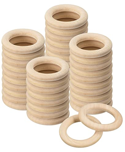 QUARKZMAN 60 Stück 35mm (1,4 Zoll) natürliche Holzringe, 6mm dick, glatte unbehandelte Holzkreise für DIY-Basteln, Stricken, Makramee, Anhänger