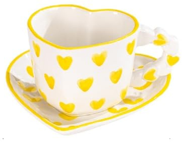 FülleMore Herz Form Kaffeetasse mit Untertasse Set Süße Herz Muster Espressotasse 250ml Cappuccino Tasse Nachmittagstasse Geschenk zum Weihnachten Geburtstag Valentinstag Jahrestag (Gelb)