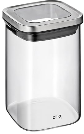Cilio Vorratsdose CUBO 1L, Borosilikatglas mit Edelstahldeckel | Aufbewahrungsbehälter, dichtschließend, für Trockenwaren, rostfreier Edelstahl, 1 L Fassungsvermögen, 14,5 cm hoch